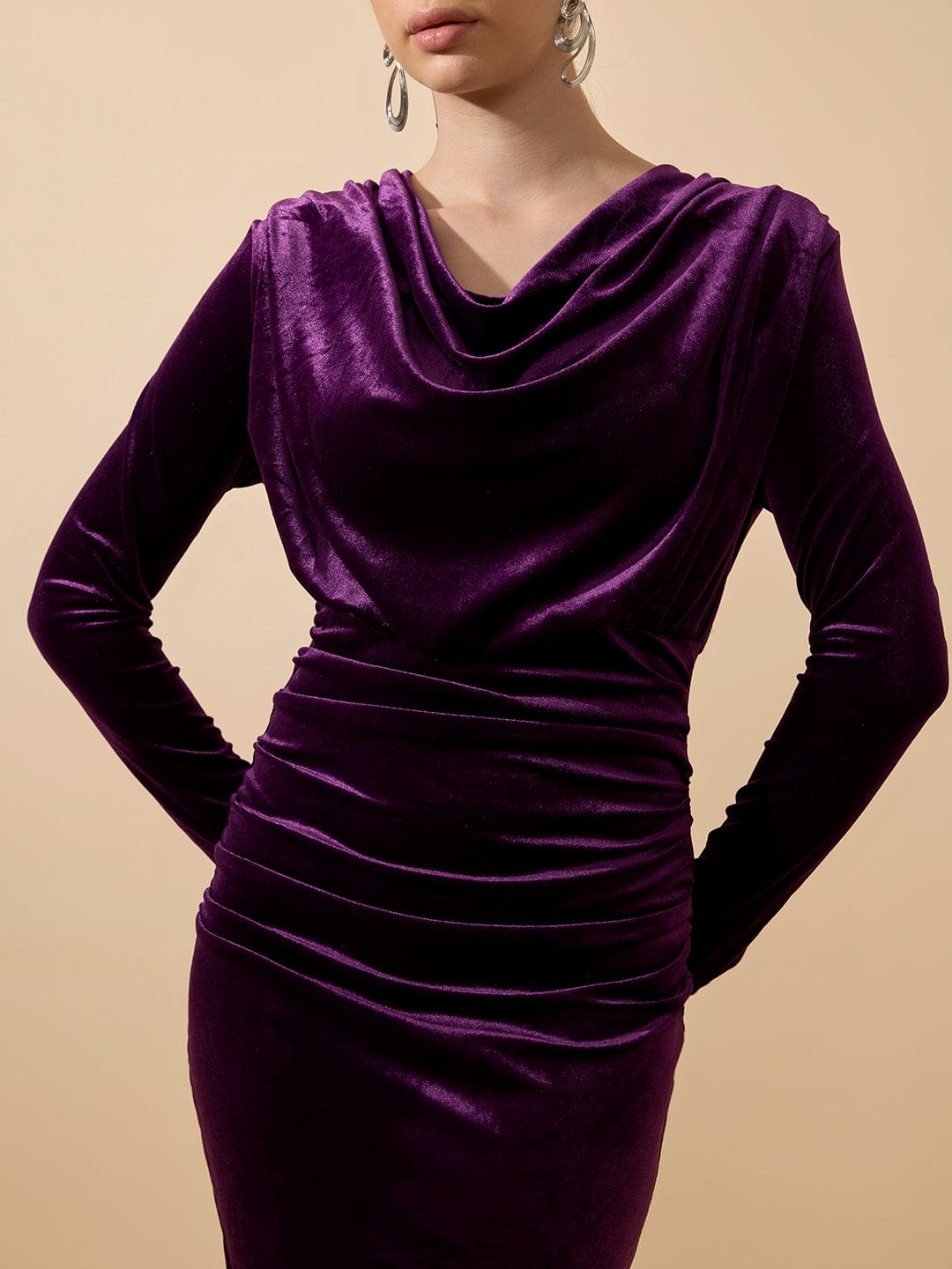 Women's Draped Velvet Purple Bodycon Maxi Dress with Side Slit