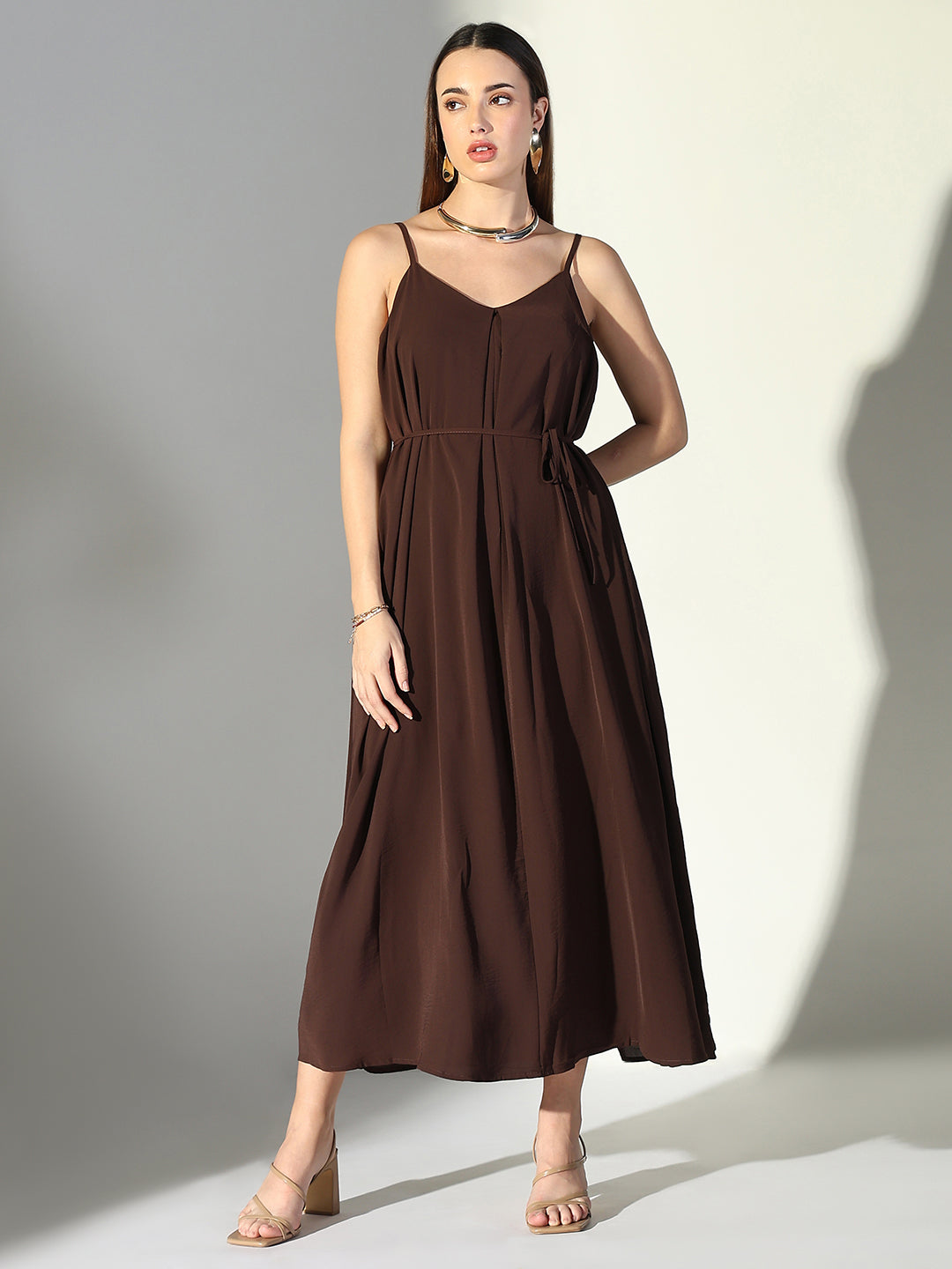 Women Brown Solid Fit and Flare Dress