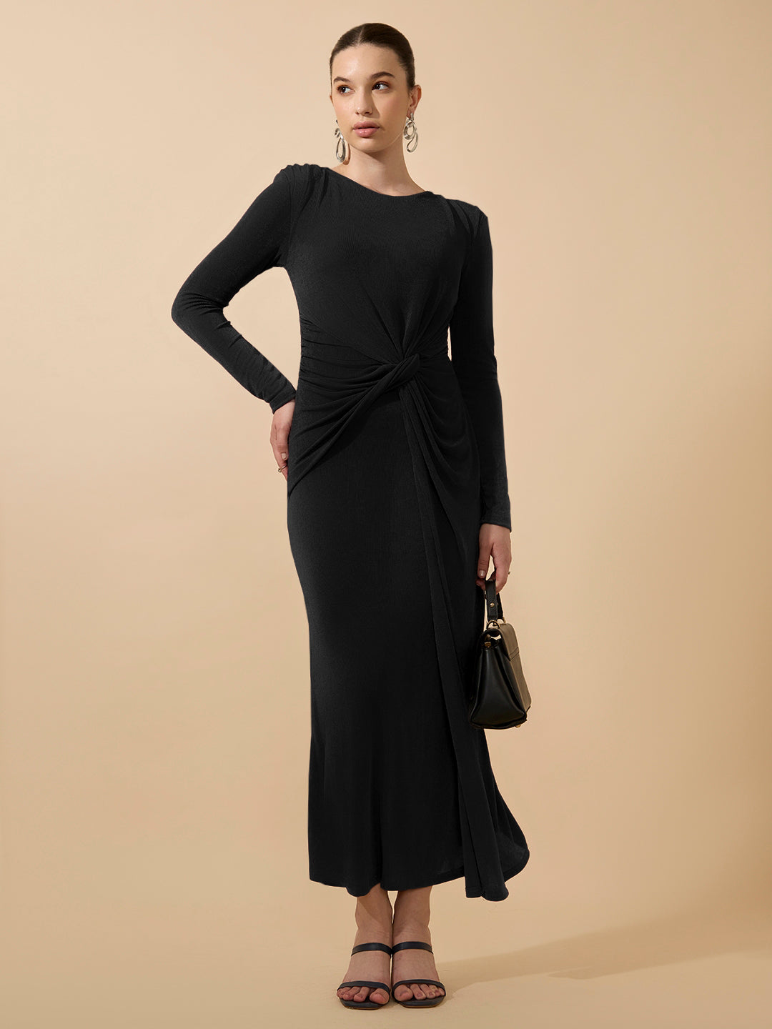 Women’s Black Long Sleeve Bodycon Dress with Side Knot Draping