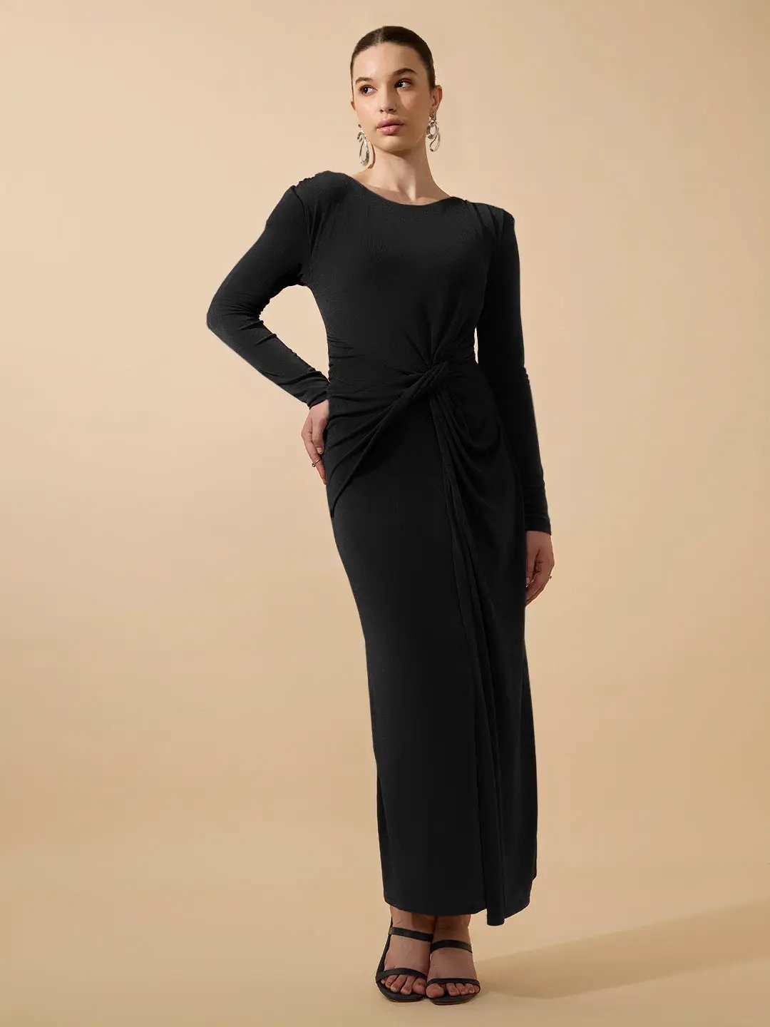 Shop Women's Black Long Sleeve Bodycon Dress with Side Knot Draping| Showoffff Shop Women's Black Long Sleeve Bodycon Dress with Side Knot Draping| Showoffff