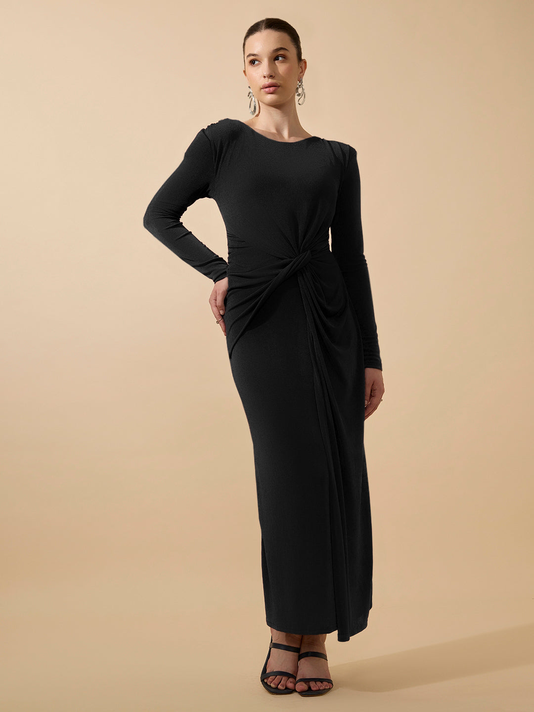 Women’s Black Long Sleeve Bodycon Dress with Side Knot Draping