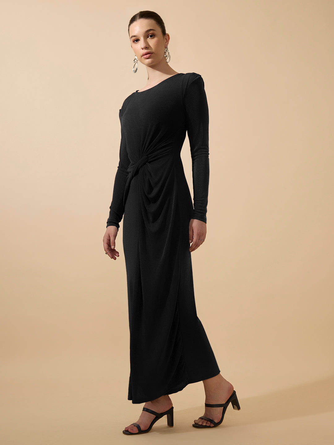 Women’s Black Long Sleeve Bodycon Dress with Side Knot Draping
