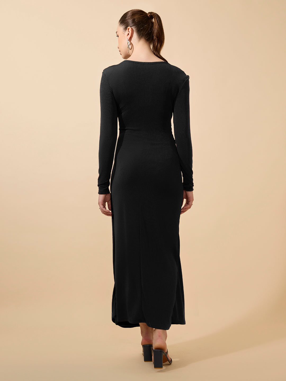 Women’s Black Long Sleeve Bodycon Dress with Side Knot Draping