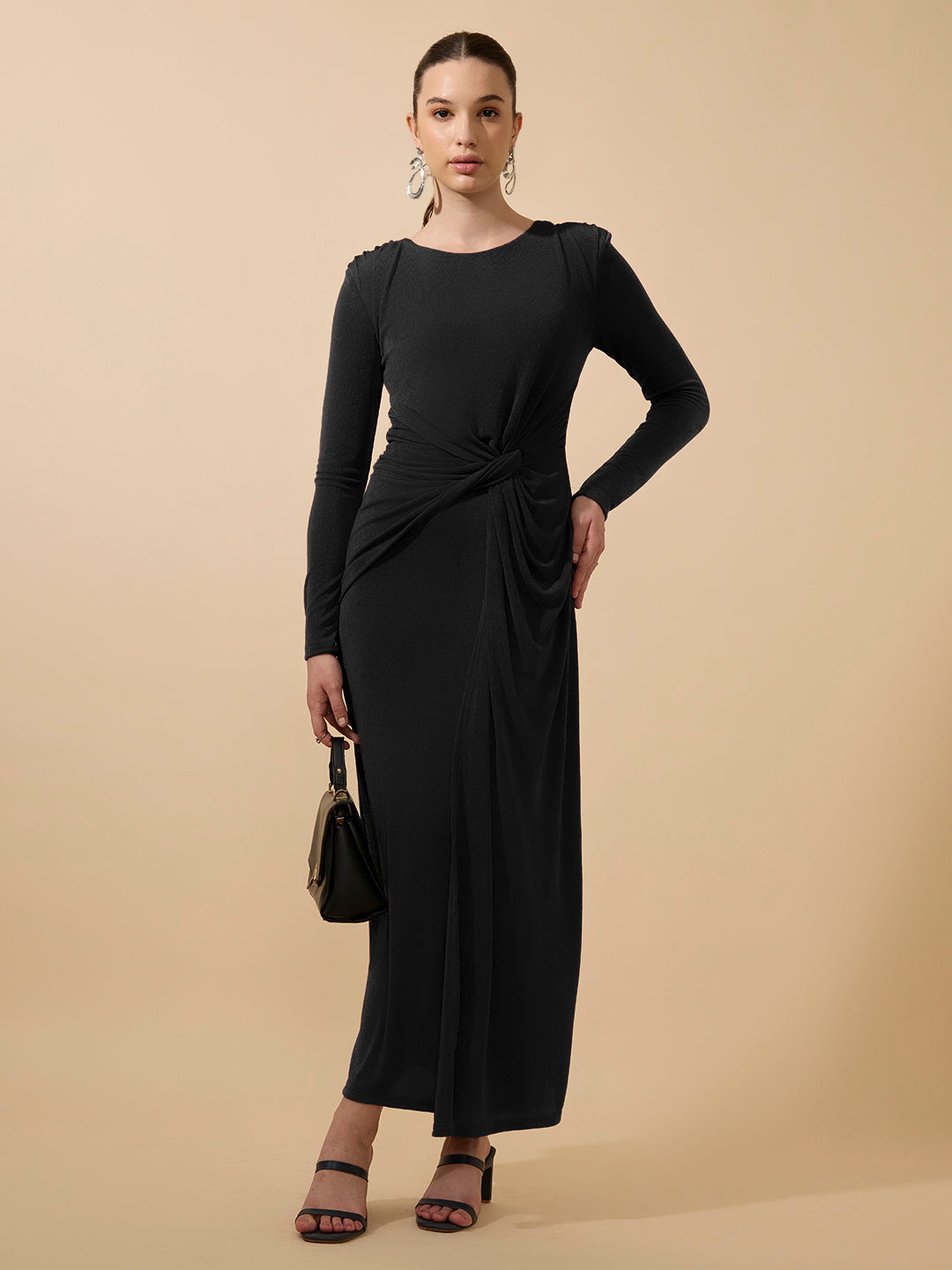 Women’s Black Long Sleeve Bodycon Dress with Side Knot Draping