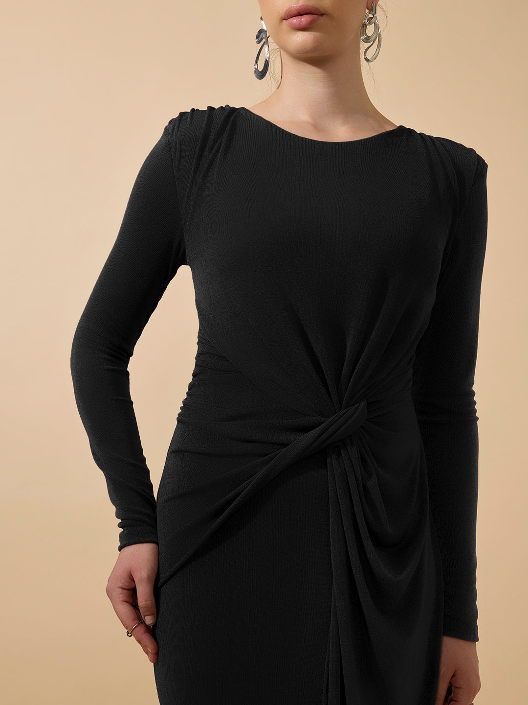 Women’s Black Long Sleeve Bodycon Dress with Side Knot Draping