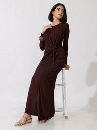 Women's Brown Long Sleeve Bodycon Dress with Side Knot Draping