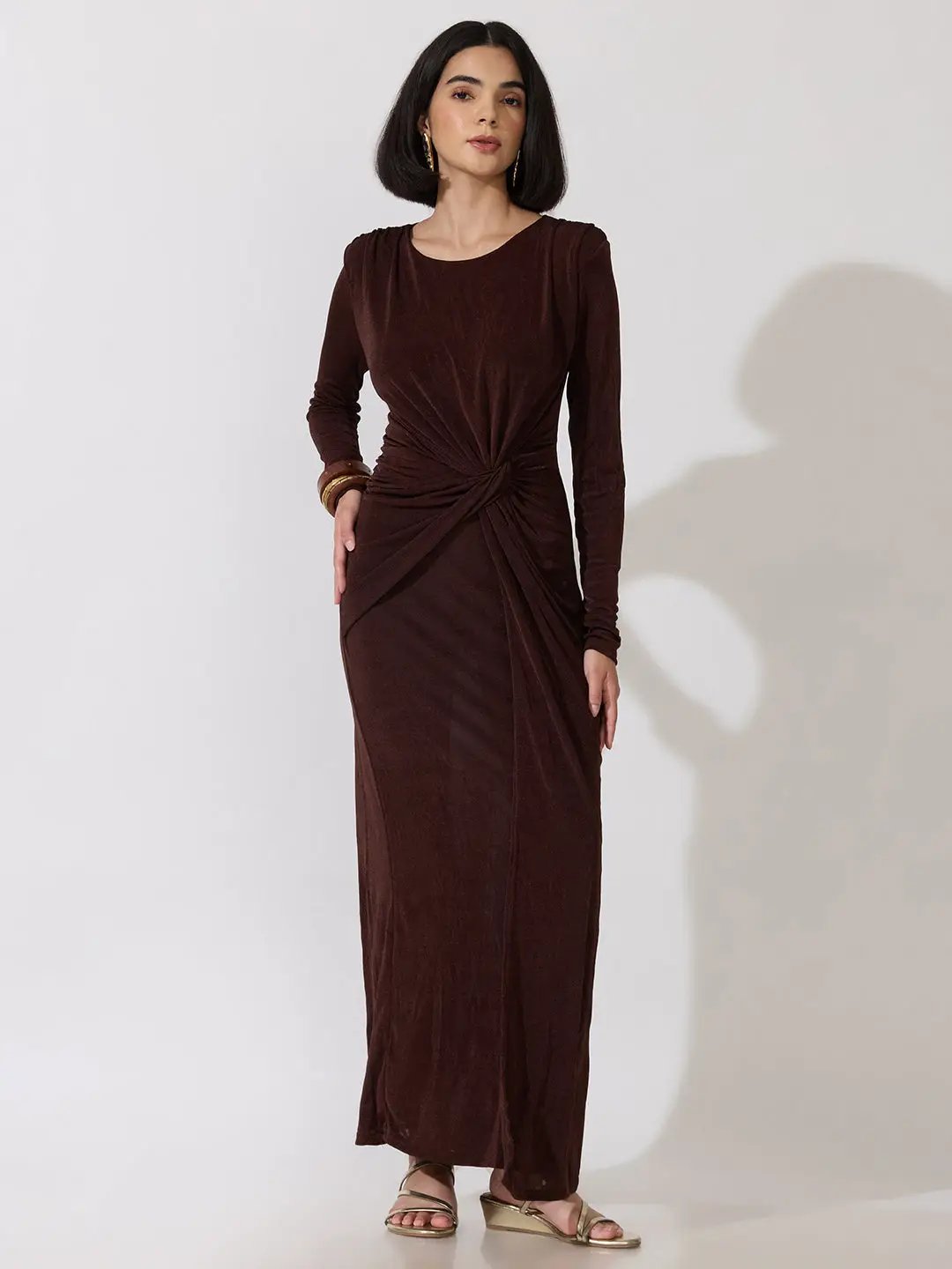 Women's Brown Long Sleeve Bodycon Dress with Side Knot Draping