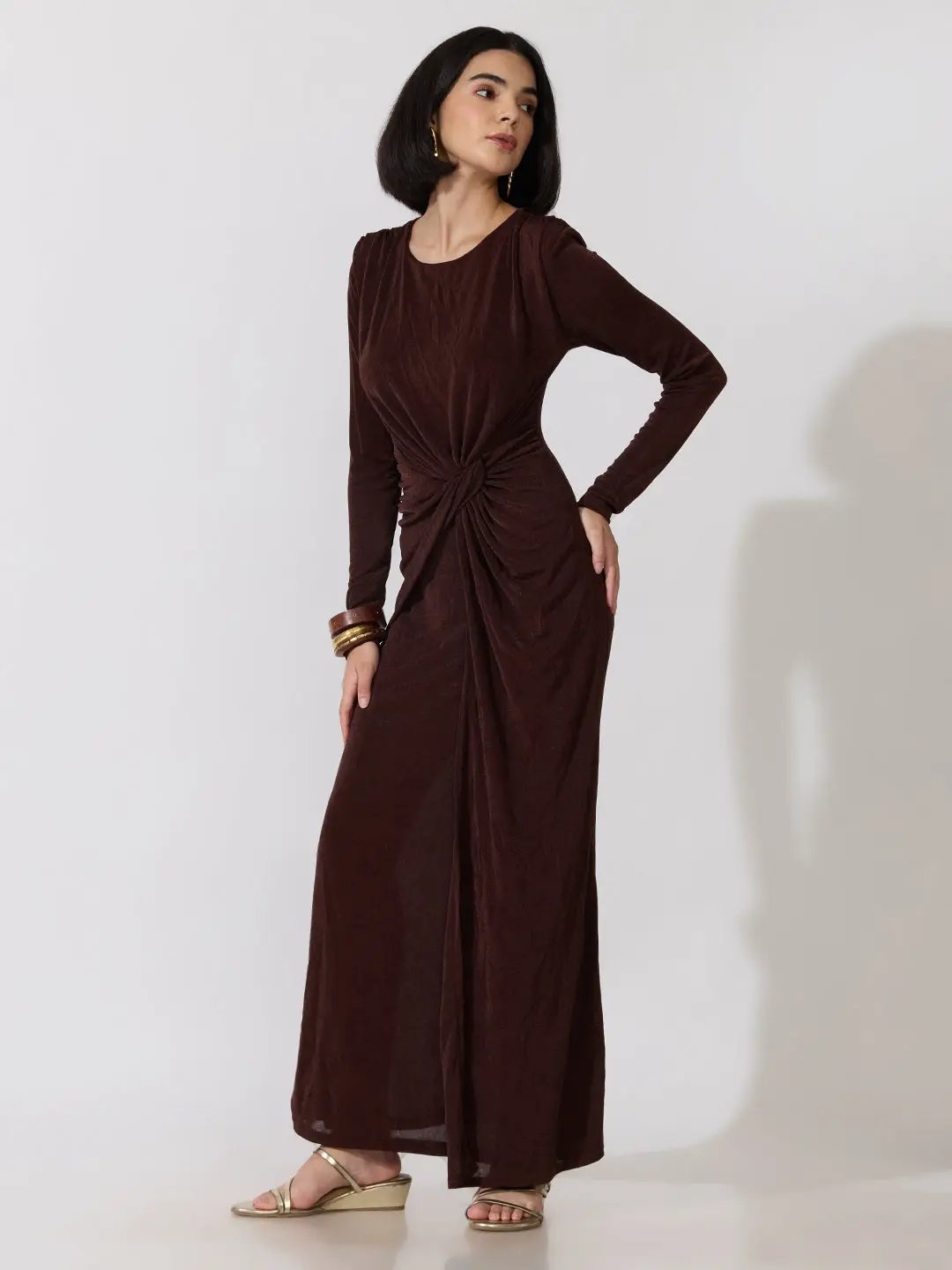 Women's Brown Long Sleeve Bodycon Dress with Side Knot Draping