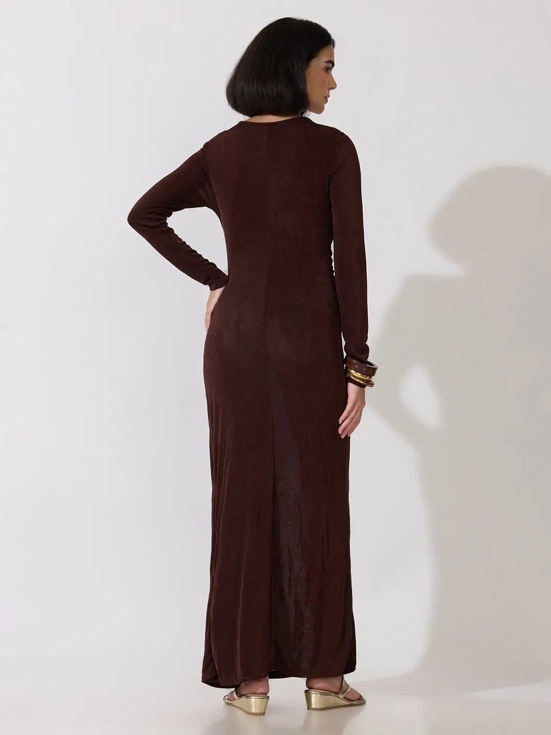 Women's Brown Long Sleeve Bodycon Dress with Side Knot Draping