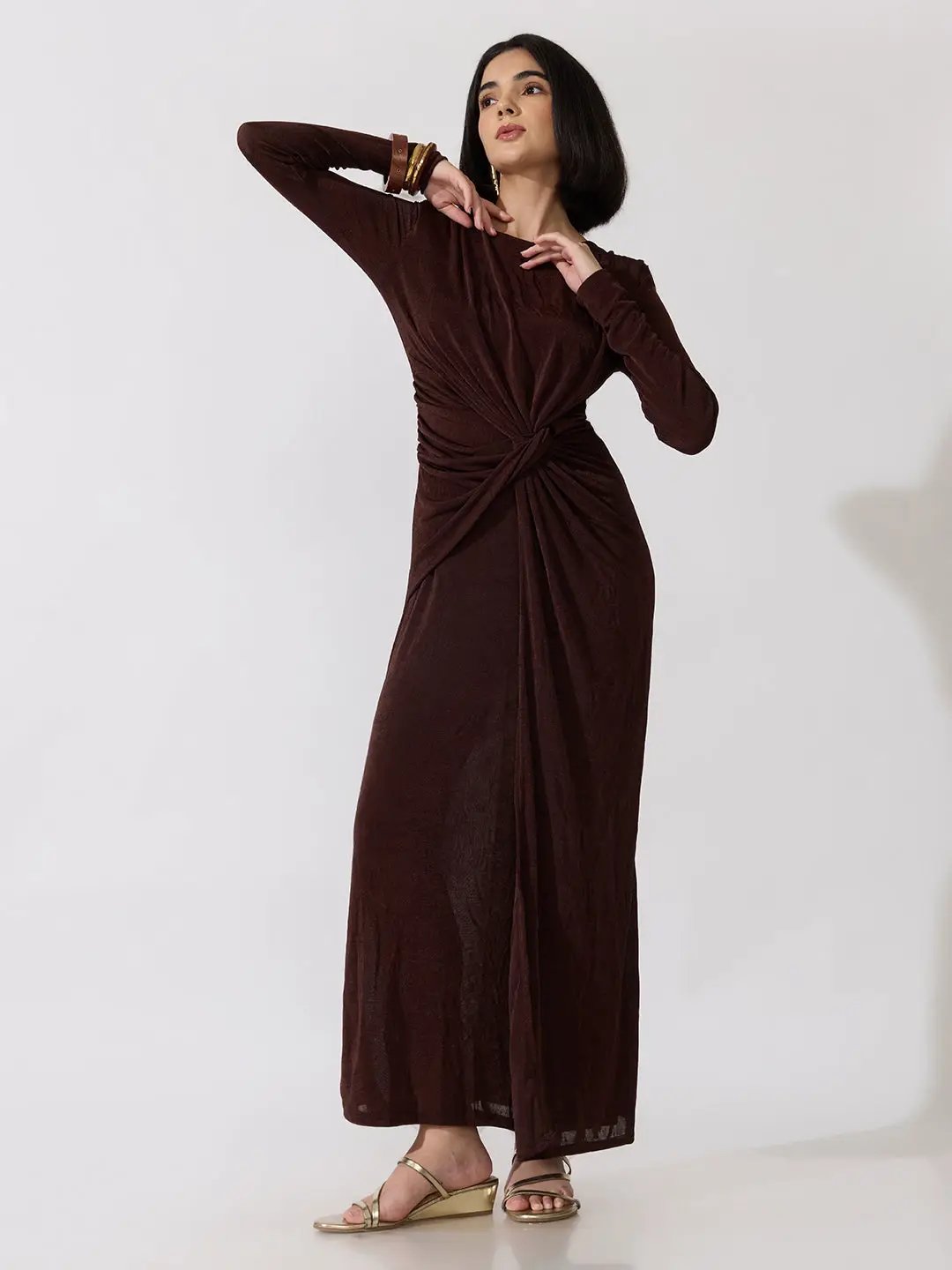 Women's Brown Long Sleeve Bodycon Dress with Side Knot Draping