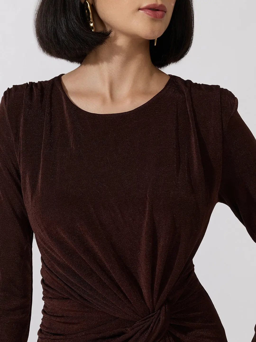 Women's Brown Long Sleeve Bodycon Dress with Side Knot Draping