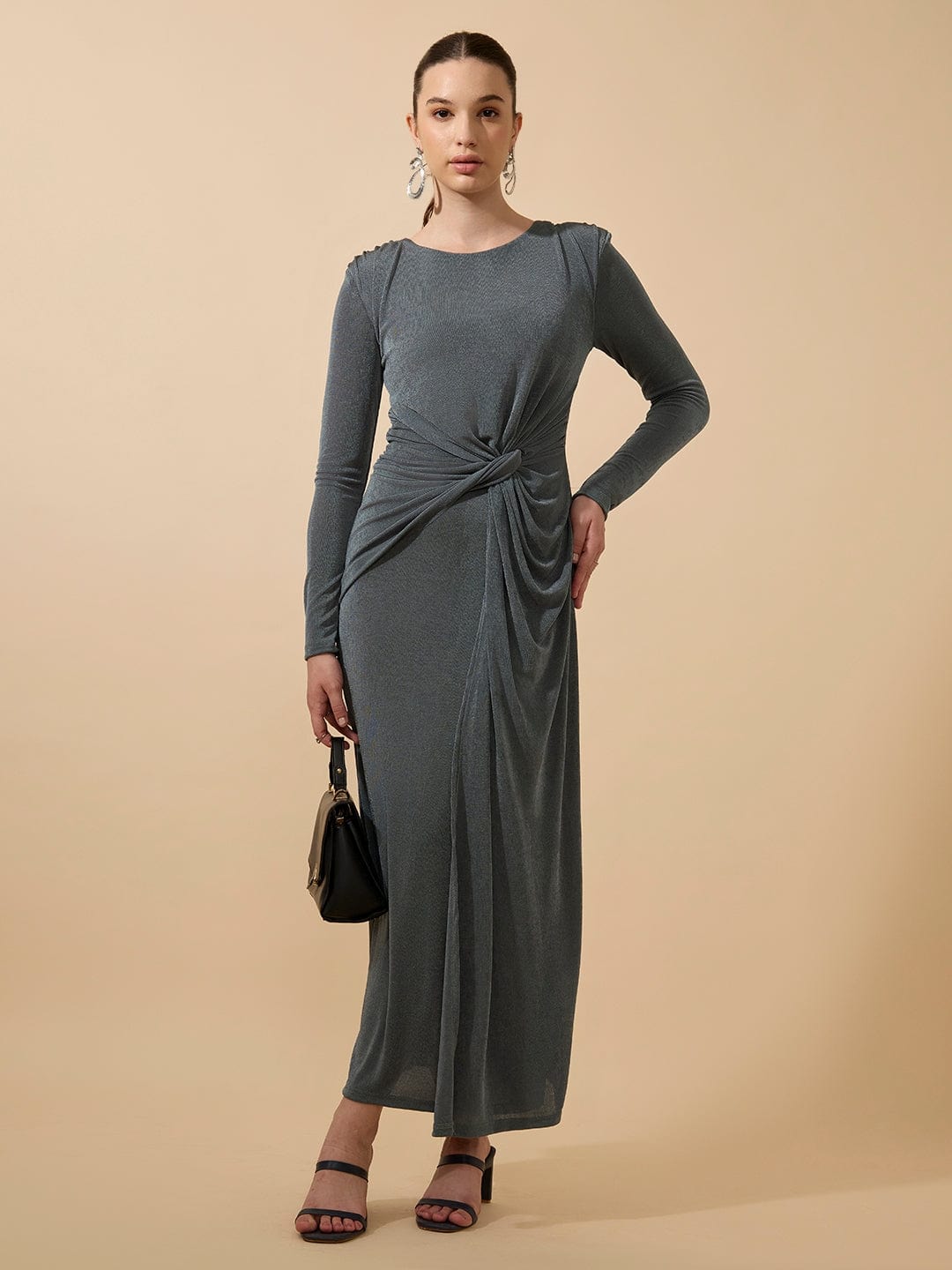 Women's Shimmer Draped Grey Knot Maxi Gown Dress