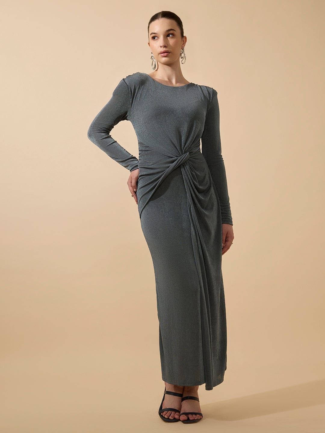 Women's Shimmer Draped Grey Knot Maxi Gown Dress