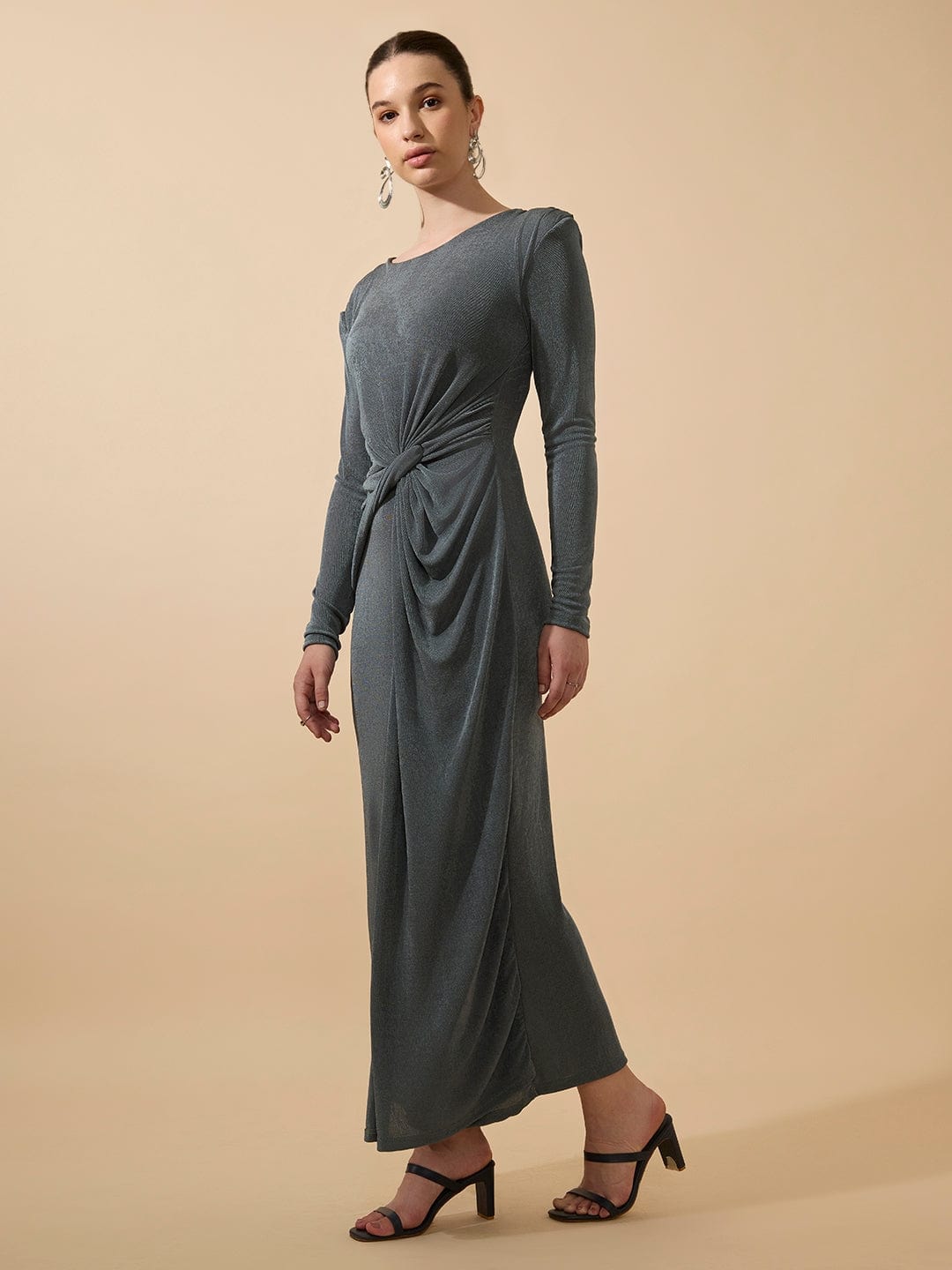 Women's Shimmer Draped Grey Knot Maxi Gown Dress