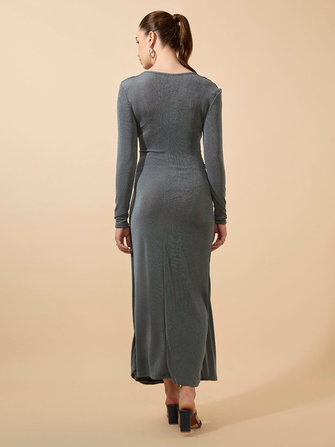 Women's Shimmer Draped Grey Knot Maxi Gown Dress