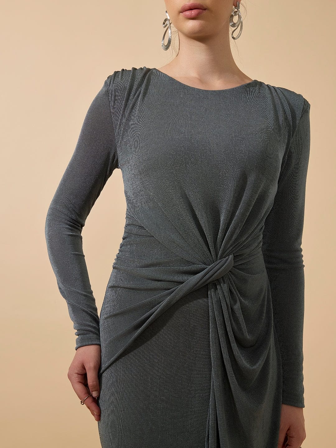 Women's Shimmer Draped Grey Knot Maxi Gown Dress