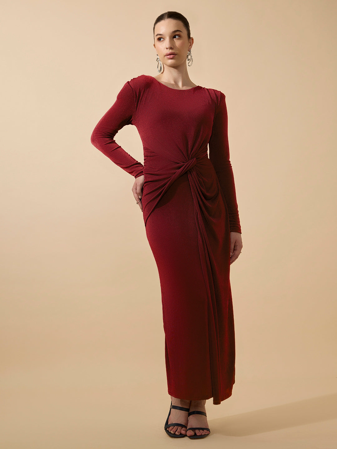 Women's Red Long Sleeve Bodycon Dress with Side Knot Draping