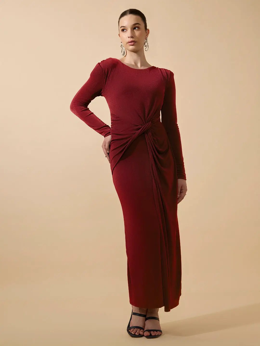 Shop Women's Red Long Sleeve Bodycon Dress with Side Knot Draping| Showoffff
