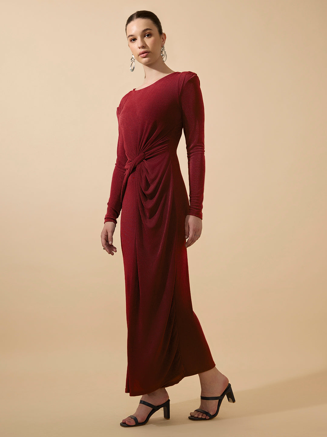 Women's Red Long Sleeve Bodycon Dress with Side Knot Draping