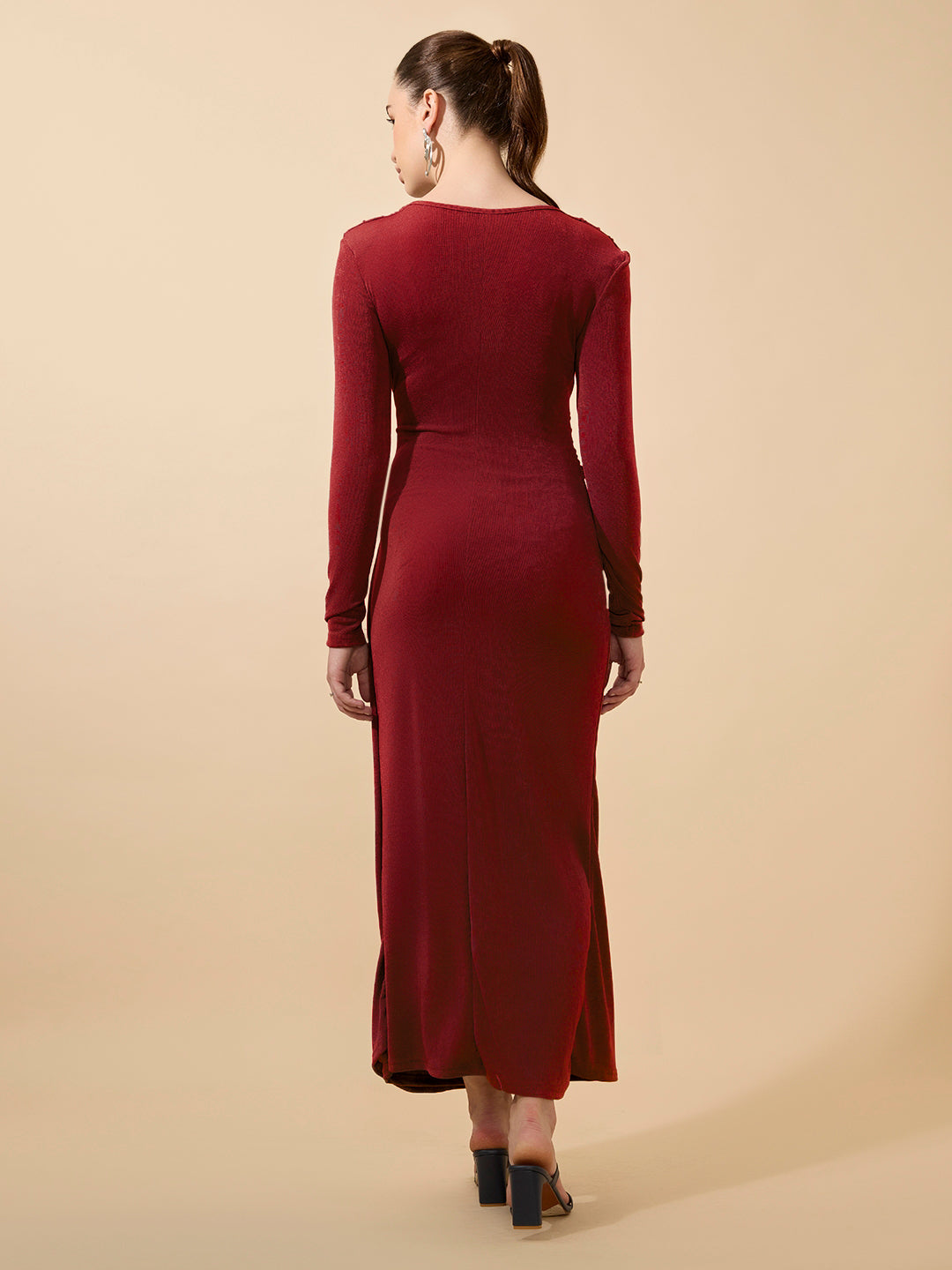 Women's Red Long Sleeve Bodycon Dress with Side Knot Draping