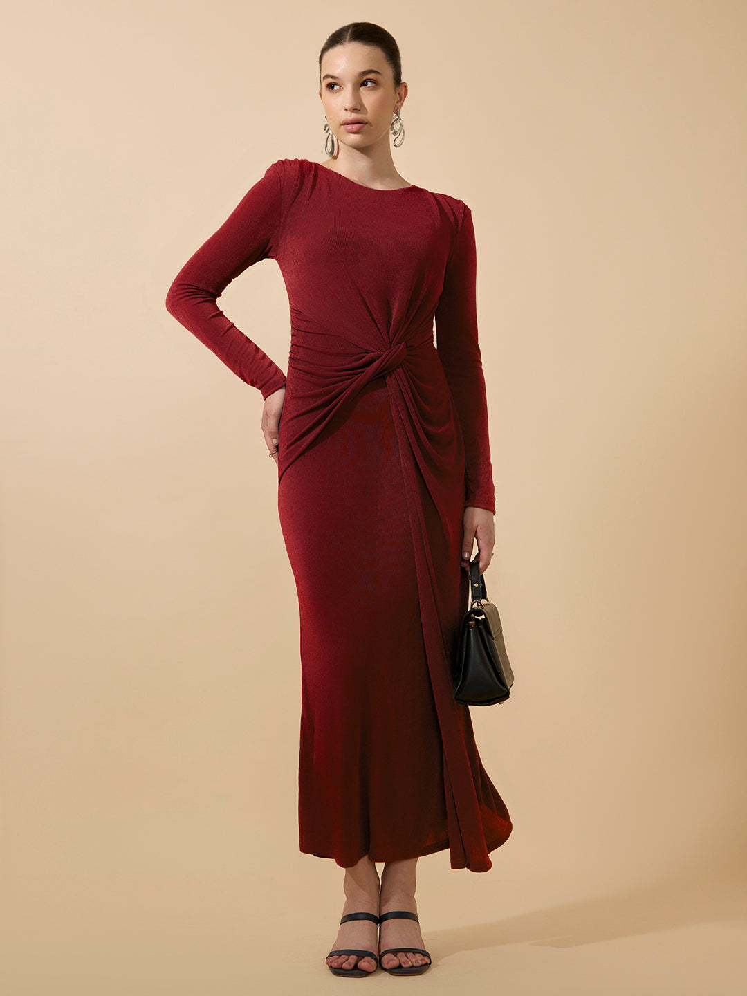 Women's Red Long Sleeve Bodycon Dress with Side Knot Draping