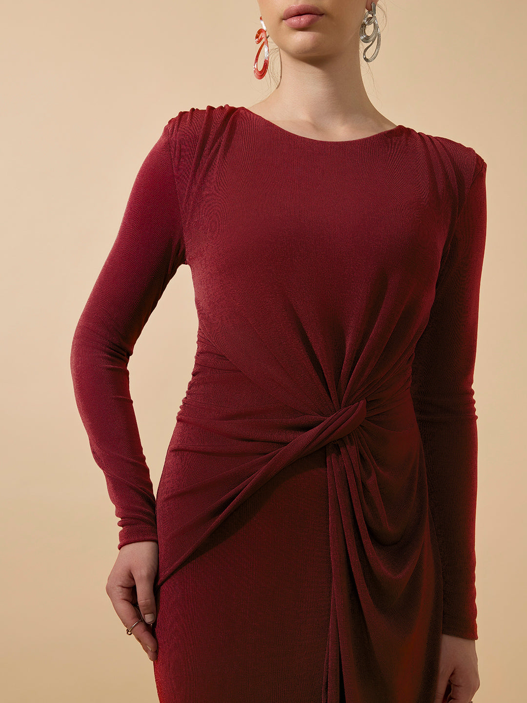 Women's Red Long Sleeve Bodycon Dress with Side Knot Draping