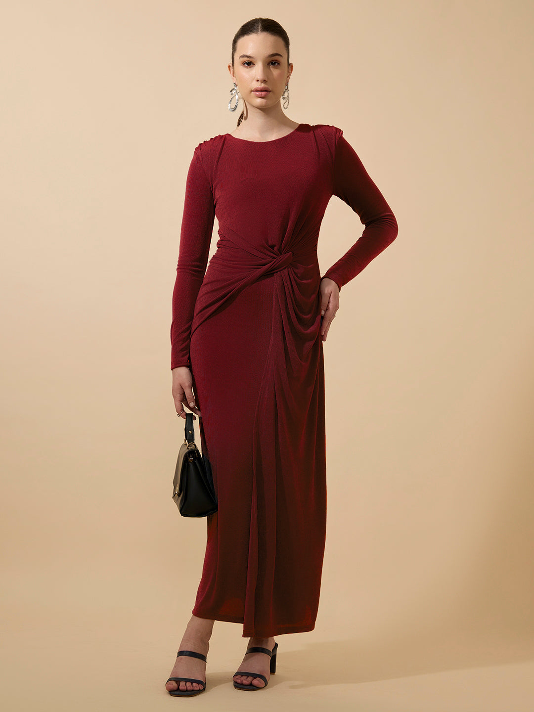 Women's Red Long Sleeve Bodycon Dress with Side Knot Draping