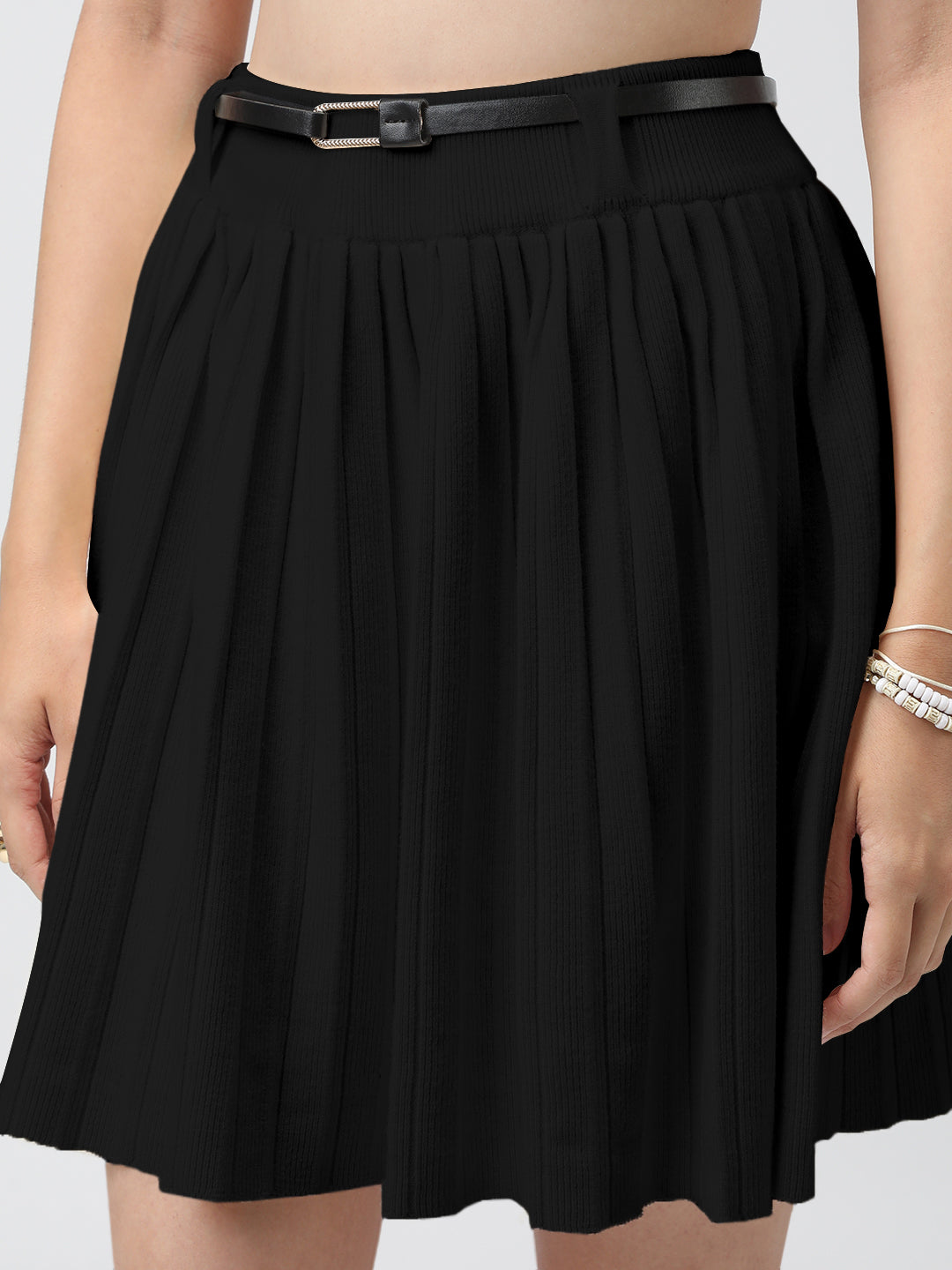 Women's Pleated  Black Mini Skirt with Belt