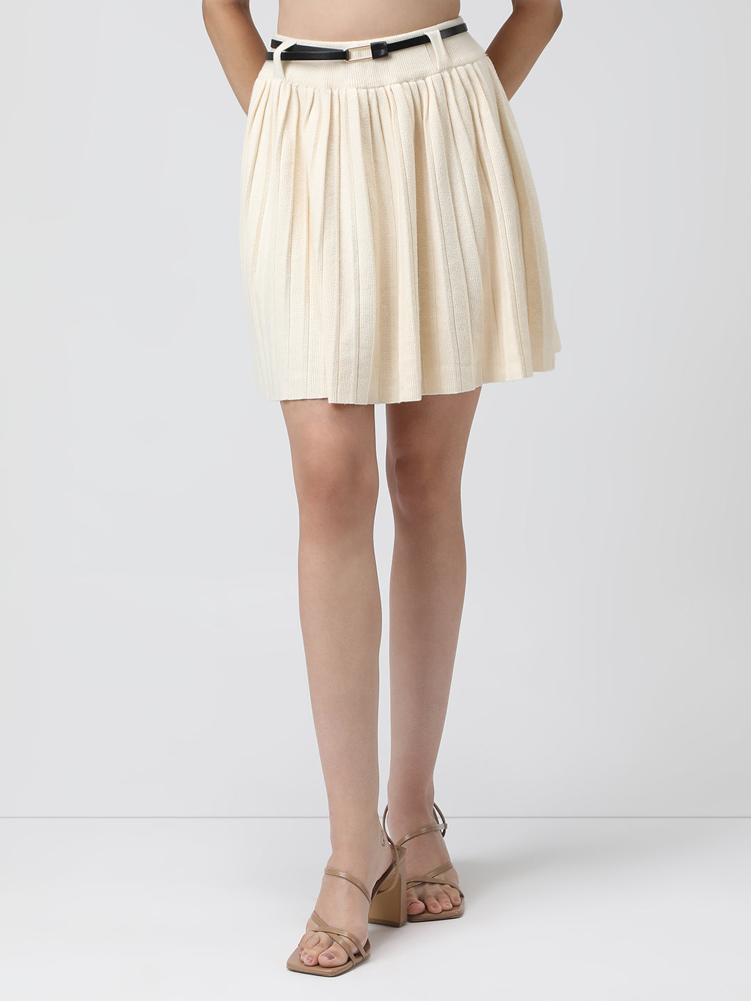 Women's Pleated Cream Mini Skirt with Belt