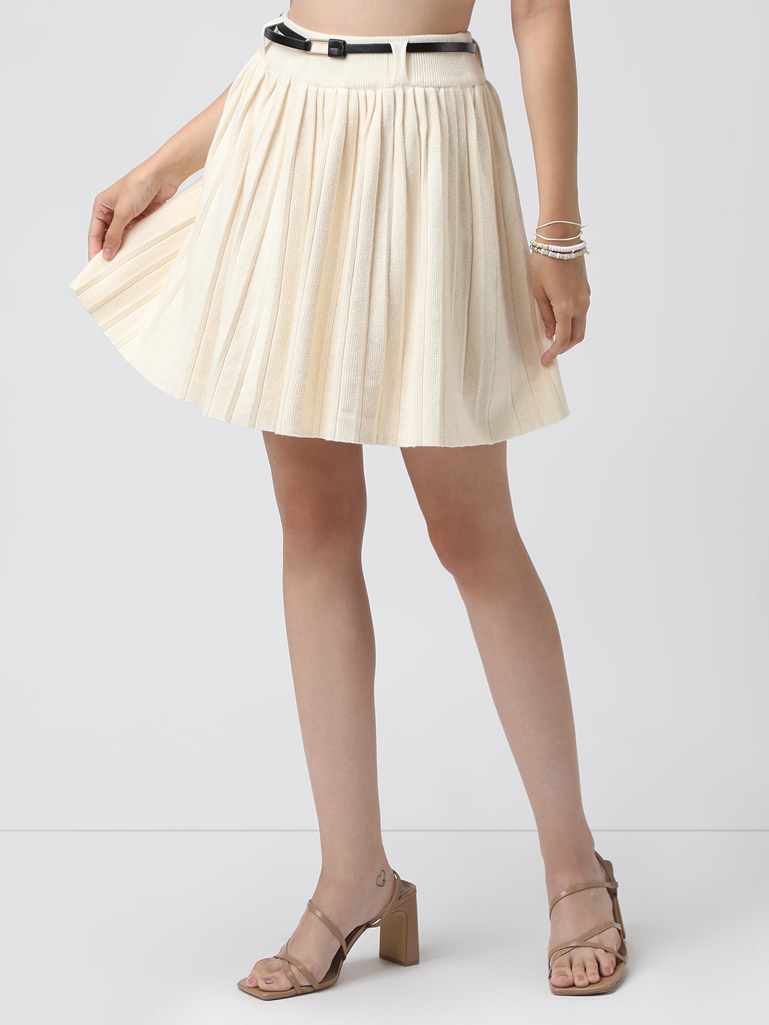 Women's Pleated Cream Mini Skirt with Belt