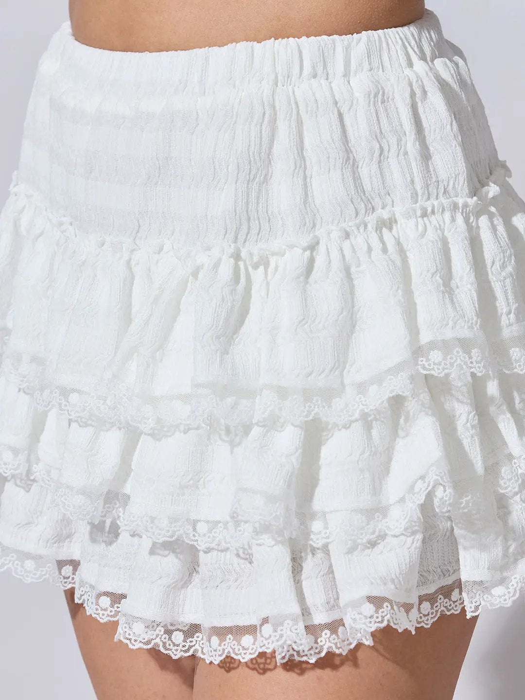Women's Tiered White Mini Skort with Lace Trim Ruffles - from SHOWOFFFF
