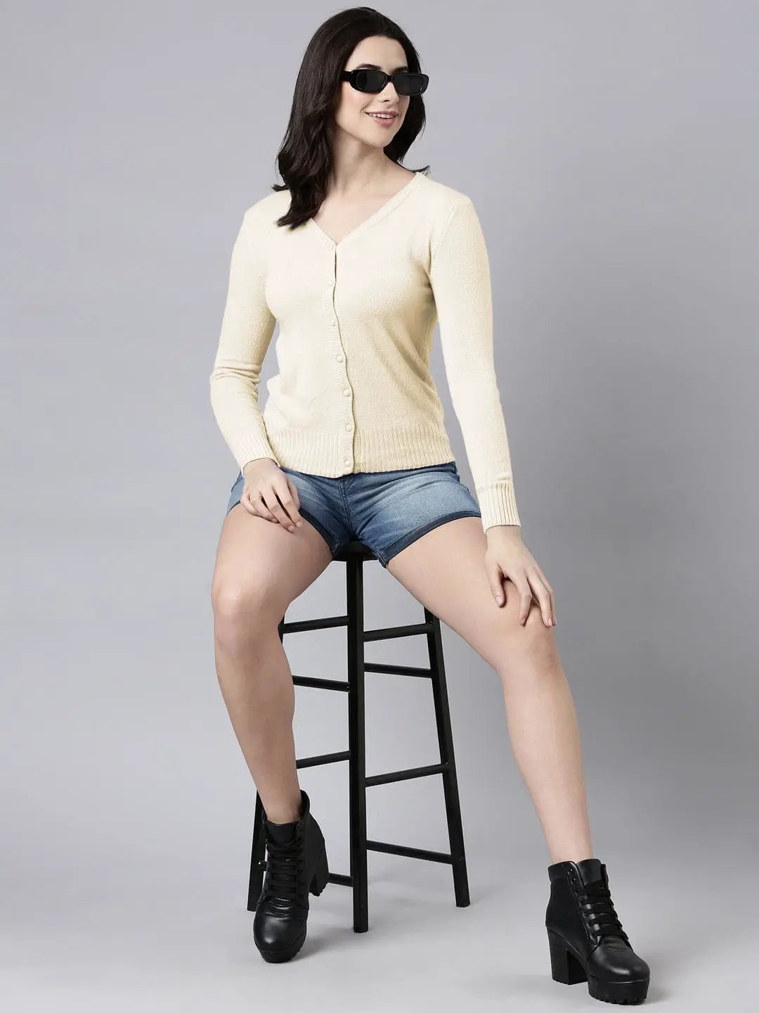 Women's Off White Button-Down V-Neck Cardigan Sweater - from SHOWOFFFF