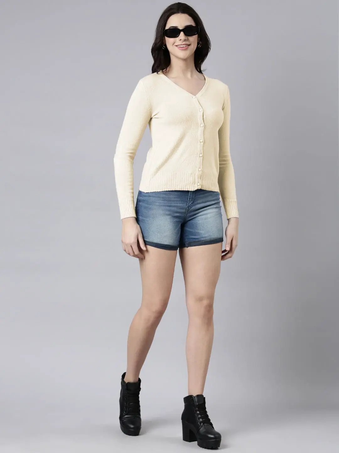 Women's Off White Button-Down V-Neck Cardigan Sweater - from SHOWOFFFF