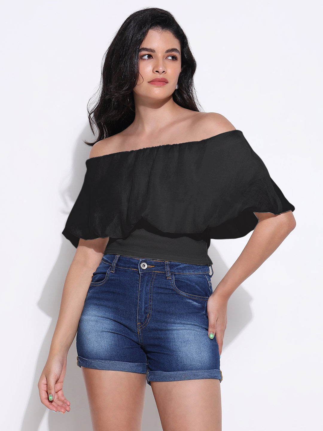 Women Solid Black Off-Shoulder Top