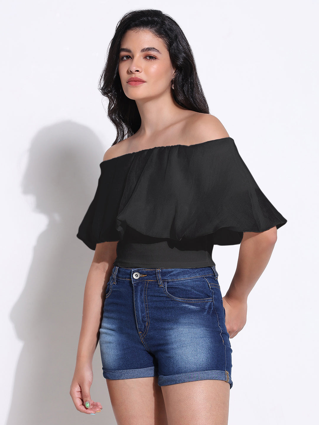 Women Solid Black Off-Shoulder Top