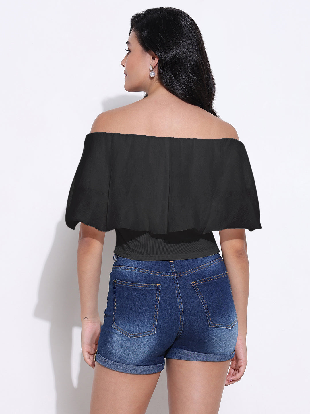 Women Solid Black Off-Shoulder Top