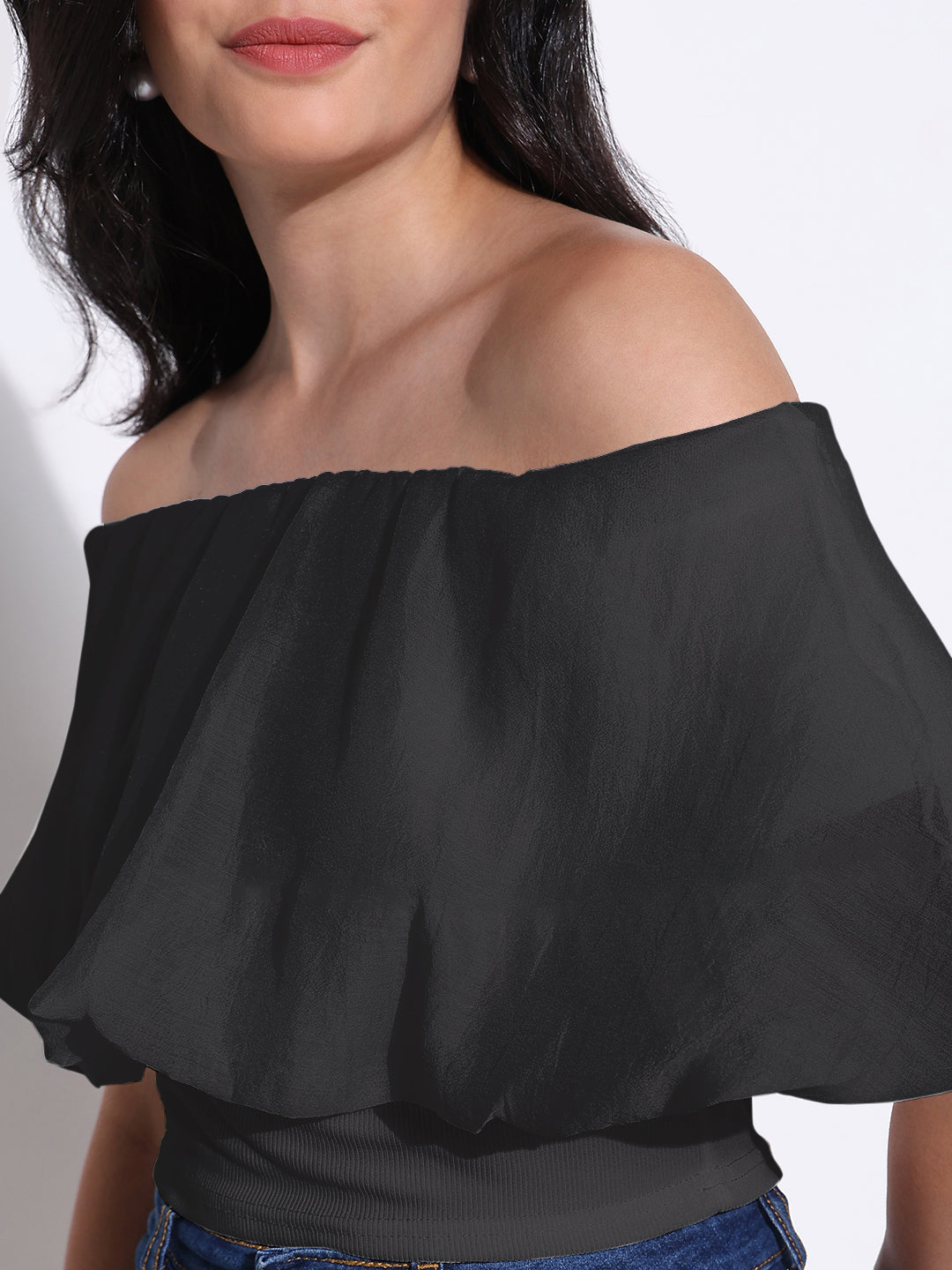 Women Solid Black Off-Shoulder Top