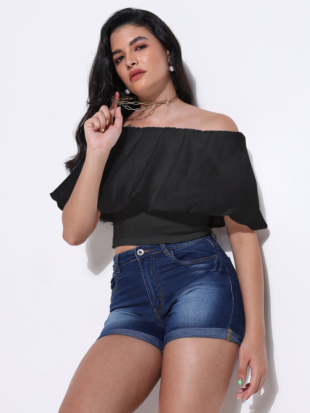 Women Solid Black Off-Shoulder Top