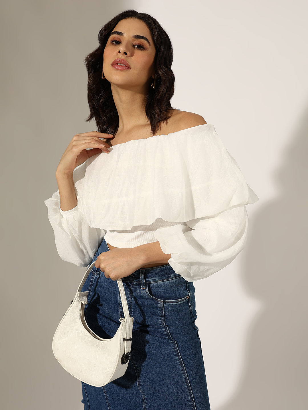 Women's White Off-Shoulder Puff Sleeve Crop Top