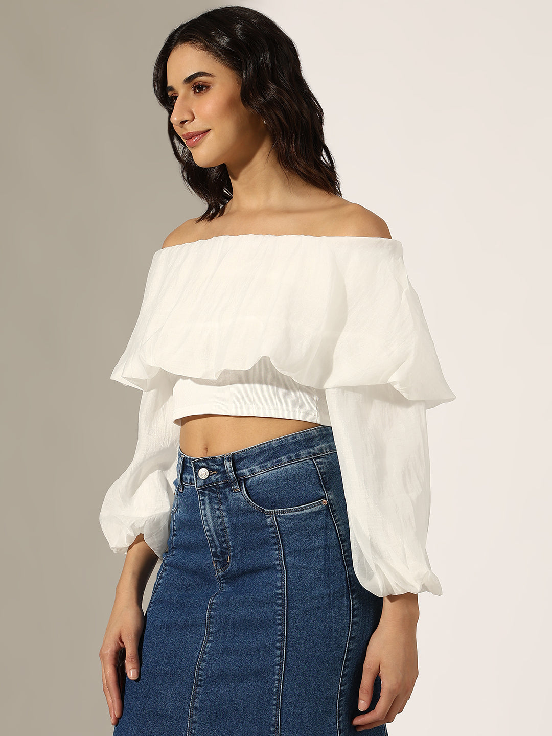 Women's White Off-Shoulder Puff Sleeve Crop Top