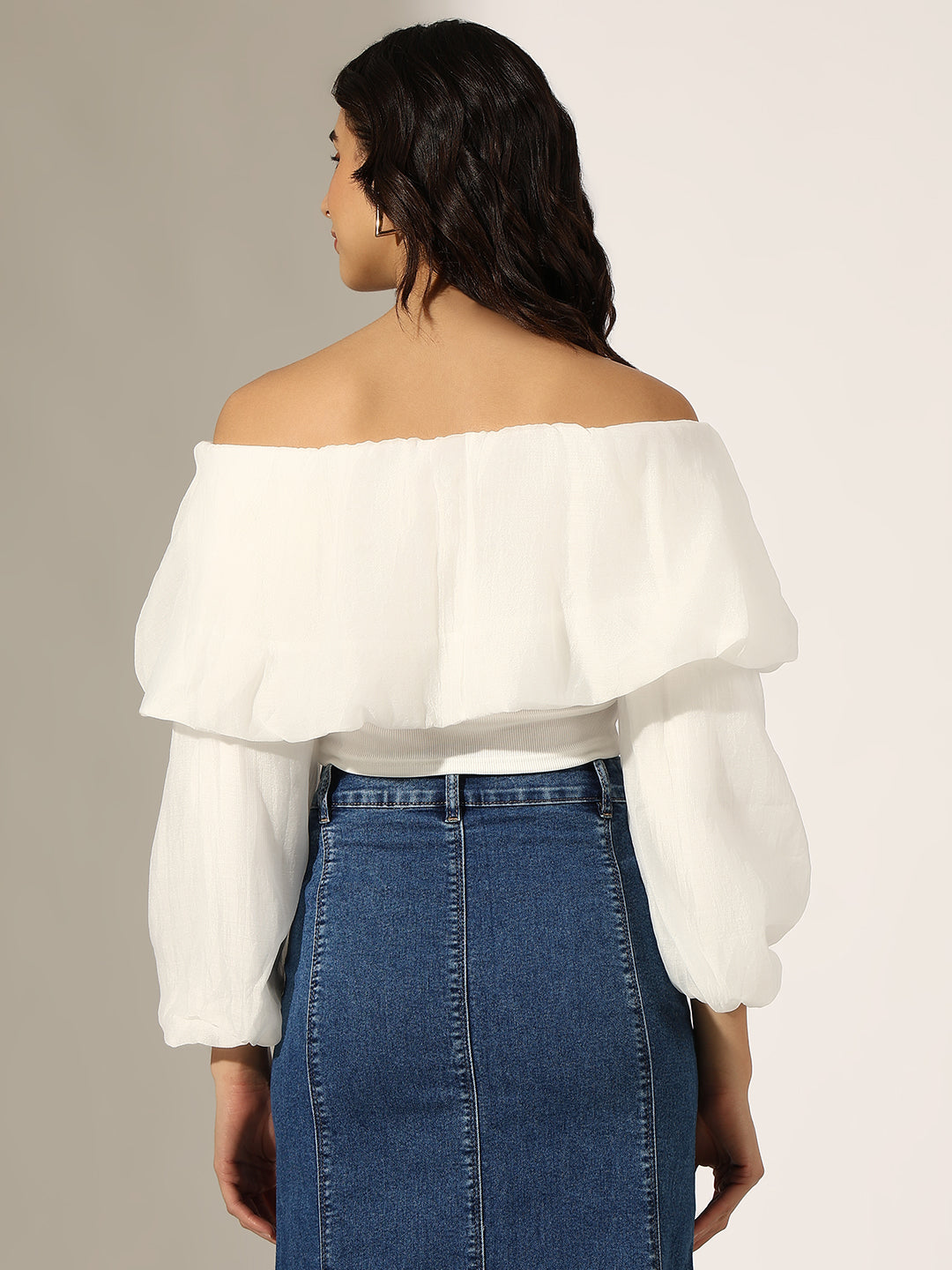 Women's White Off-Shoulder Puff Sleeve Crop Top