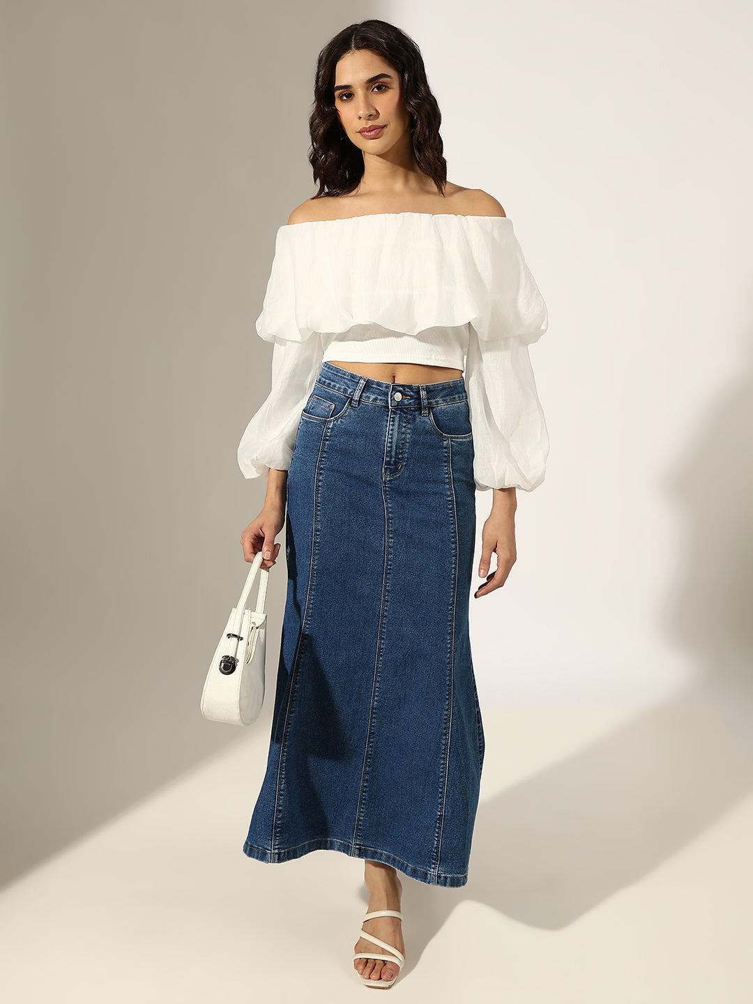 Women's White Off-Shoulder Puff Sleeve Crop Top