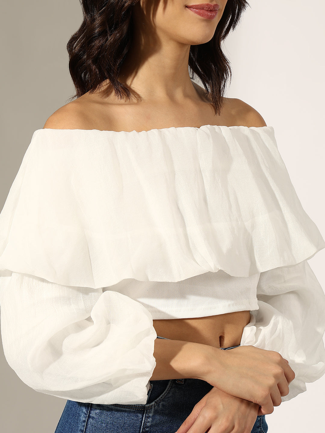 Women's White Off-Shoulder Puff Sleeve Crop Top