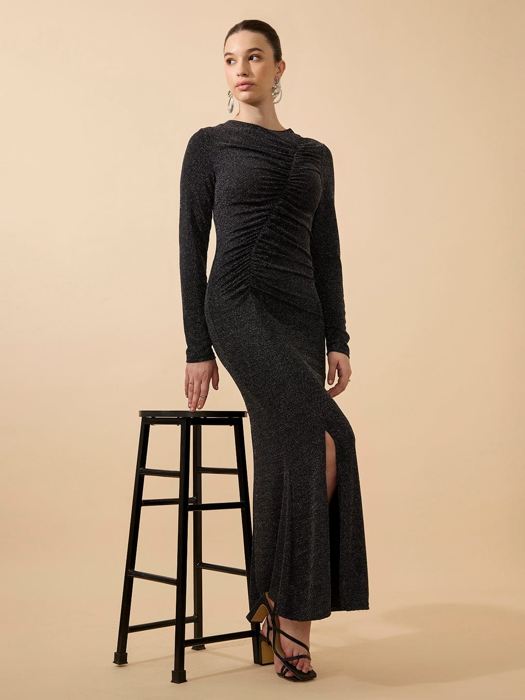 Women's Shimmer Ruched Black Maxi Bodycon Gown Dress with Side Slit