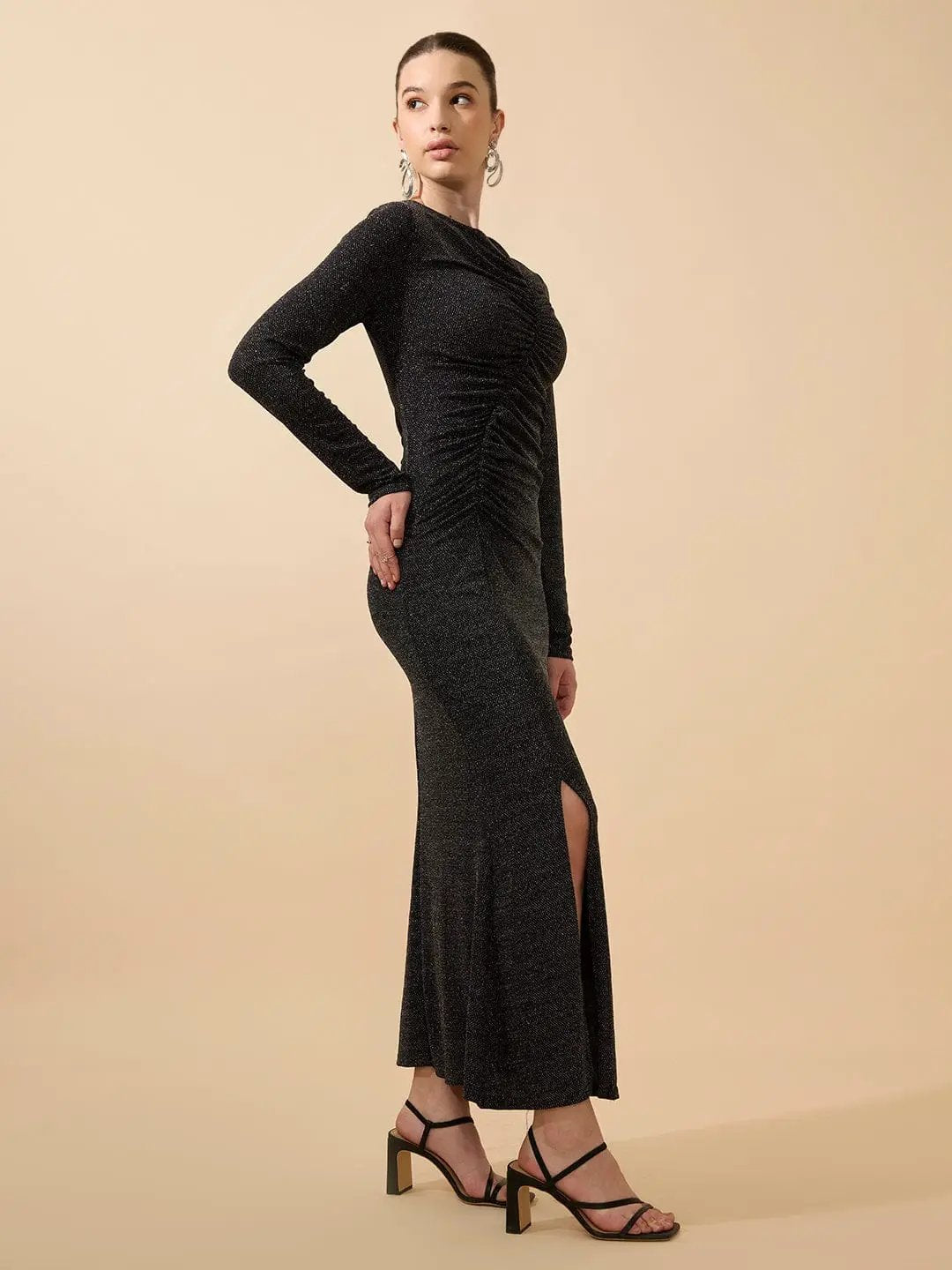 Shop Women's Shimmer Ruched Black Maxi Bodycon Gown Dress with Side Slit| Showoffff Shop Women's Shimmer Ruched Black Maxi Bodycon Gown Dress with Side Slit| Showoffff