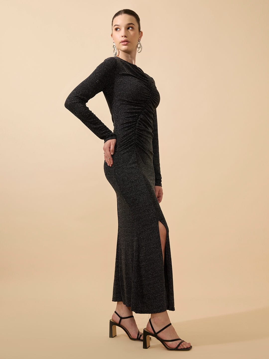 Women's Shimmer Ruched Black Maxi Bodycon Gown Dress with Side Slit