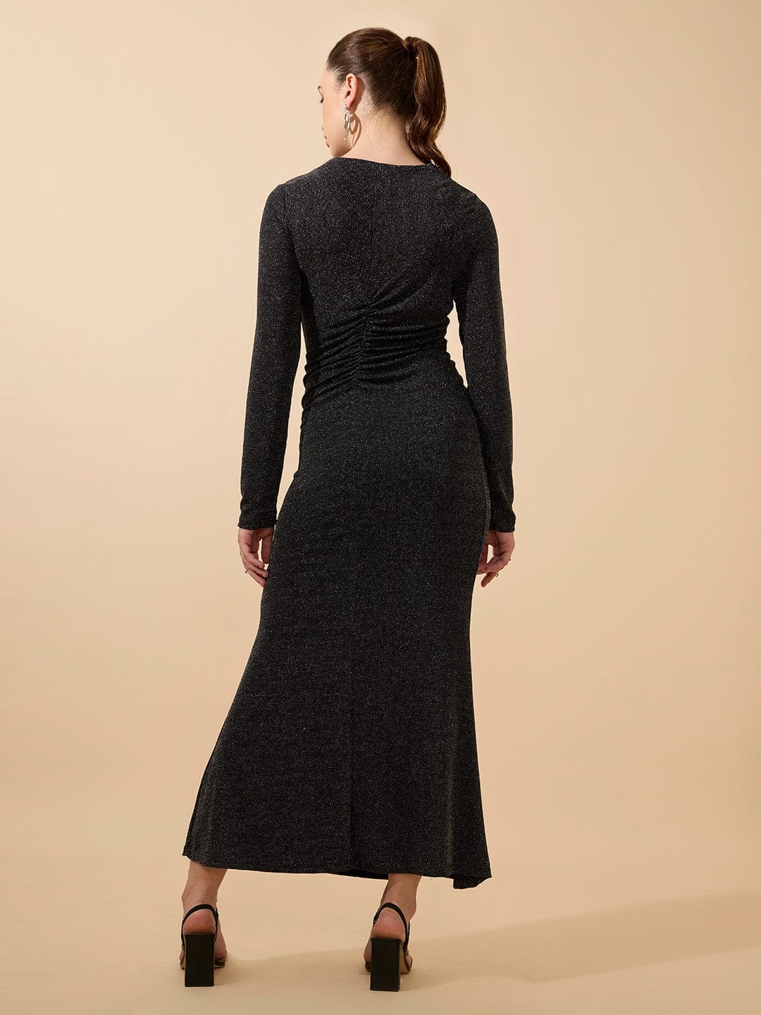 Women's Shimmer Ruched Black Maxi Bodycon Gown Dress with Side Slit