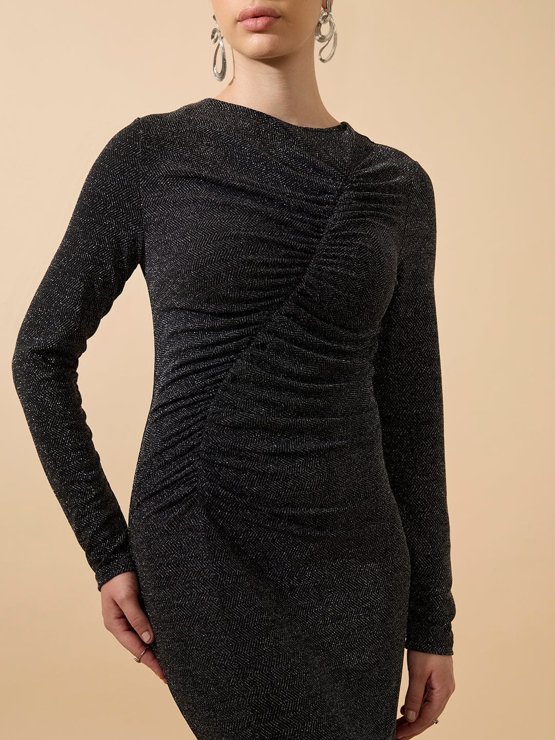 Women's Shimmer Ruched Black Maxi Bodycon Gown Dress with Side Slit