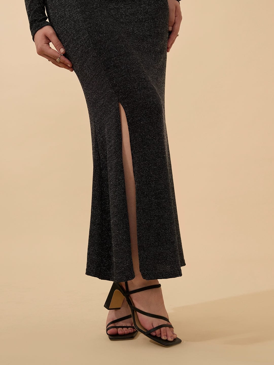 Women's Shimmer Ruched Black Maxi Bodycon Gown Dress with Side Slit