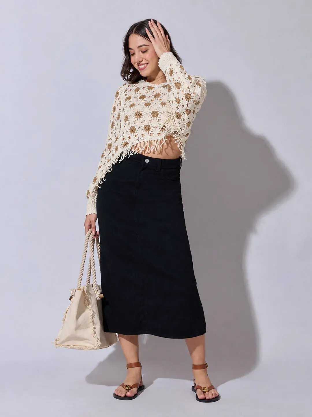 Women's Beige Crochet Crop Top with Fringe Hem